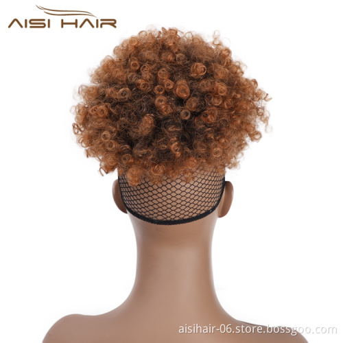 Aisi Hair Best Selling High Temperature Fiber Chignon With Bangs Kinky Curly Bun Hairpieces Short Afro Puff Updo Hair Extensions